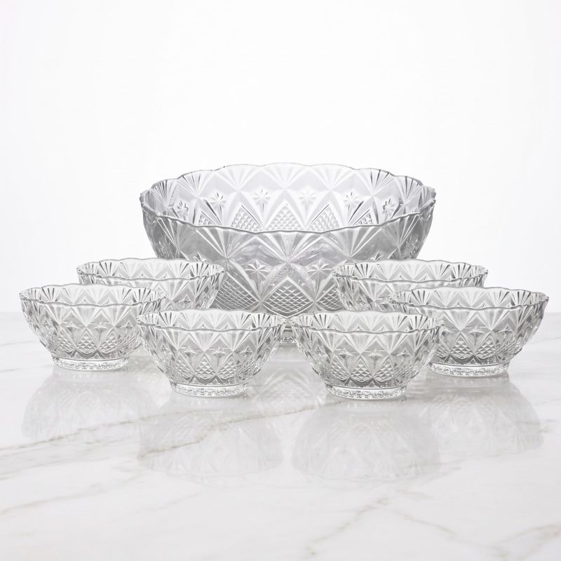 Casa si Gradina - Bucatarie si vesela - Vesela si tacamuri - Farfurii si boluri - Set servire salata 7 piese, bol mare cu 6 boluri mici din sticla transparenta, design sculptat in relief pentru aperitive si desert - Infinity.ro