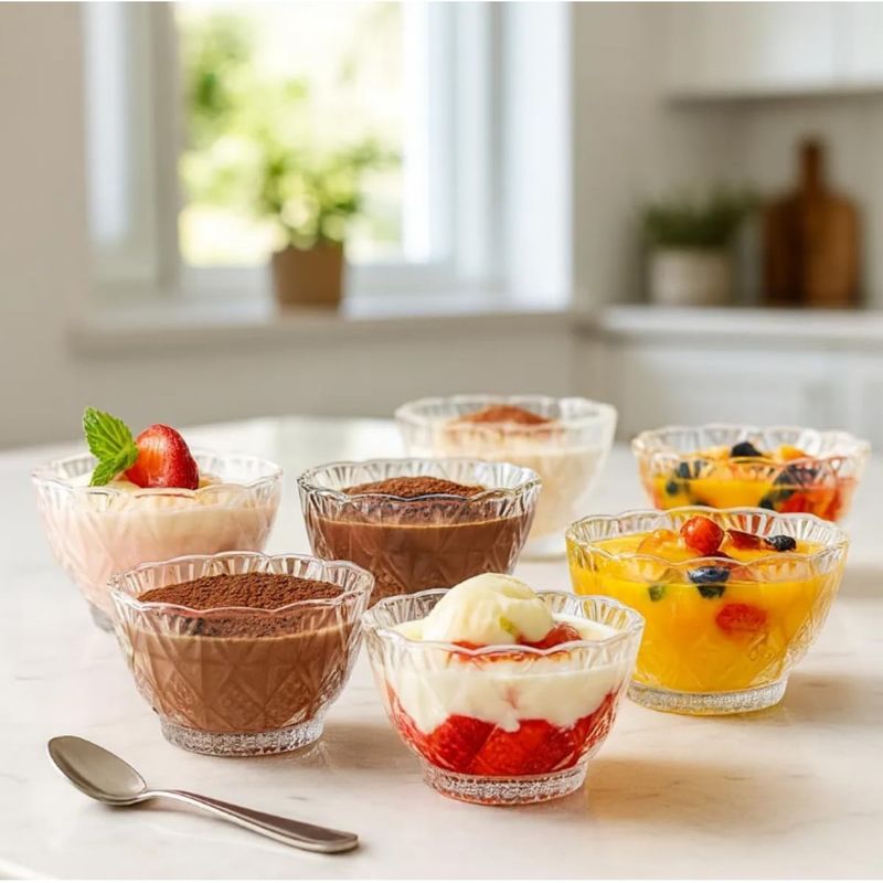Casa si Gradina - Bucatarie si vesela - Vesela si tacamuri - Farfurii si boluri - Set servire salata 7 piese, bol mare cu 6 boluri mici din sticla transparenta, design sculptat in relief pentru aperitive si desert - Infinity.ro