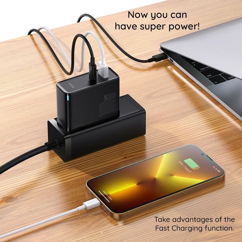 Laptop, Telefoane si Tablete - Telefoane mobile si accesorii - Accesorii Telefoane - Incarcatoare telefoane - Incarcator EU 2in1, 100W, Cablu Type-C, 1m, P81, Silicon, Baseus GaN5 Pro CCGP090202, P81, Silicon, White - Infinity.ro