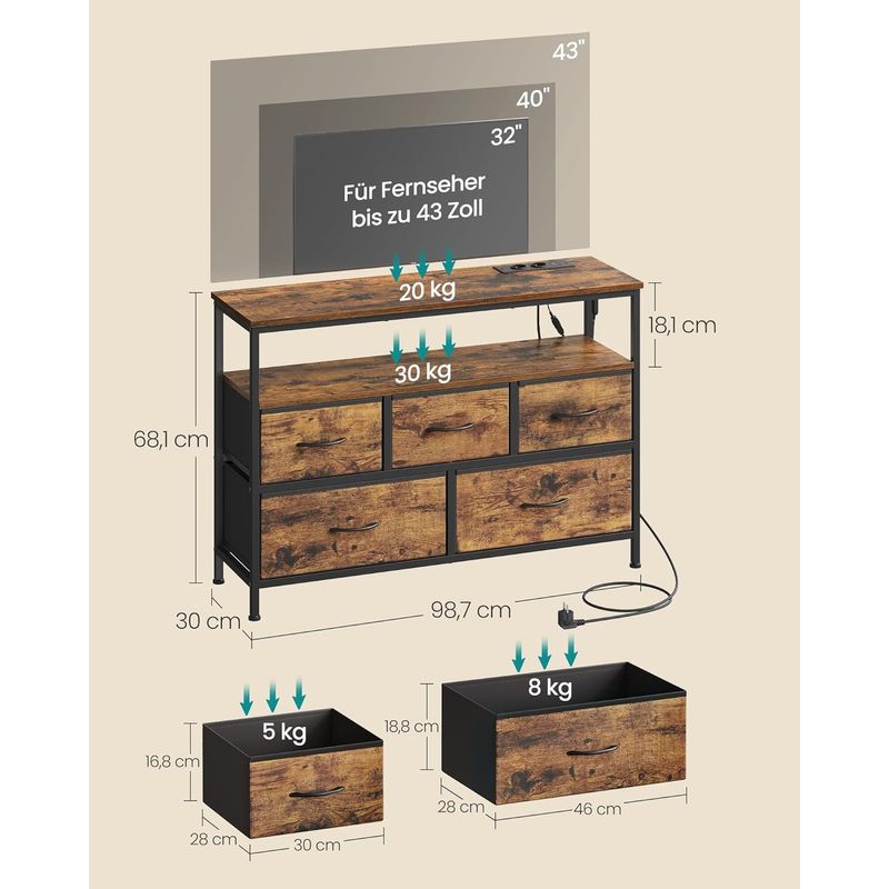 Casa si Gradina - Mobilier - Comode si corpuri - Comode - Comoda cu iluminare LED, statie incarcare cu prize si USB, 5 sertare si raft deschis, stil industrial, 99x30x68 cm - Infinity.ro