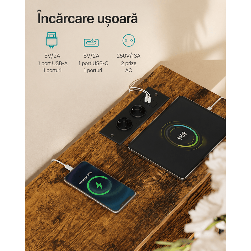 Casa si Gradina - Mobilier - Comode si corpuri - Comode - Comoda cu iluminare LED, statie incarcare cu prize si USB, 5 sertare si raft deschis, stil industrial, 99x30x68 cm - Infinity.ro