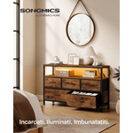 Casa si Gradina - Mobilier - Comode si corpuri - Comode - Comoda cu iluminare LED, statie incarcare cu prize si USB, 5 sertare si raft deschis, stil industrial, 99x30x68 cm - Infinity.ro