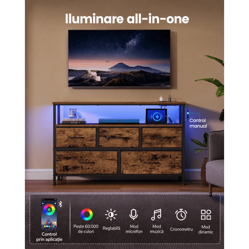 Casa si Gradina - Mobilier - Comode si corpuri - Comode - Comoda cu iluminare LED, statie incarcare cu prize si USB, 5 sertare si raft deschis, stil industrial, 99x30x68 cm - Infinity.ro