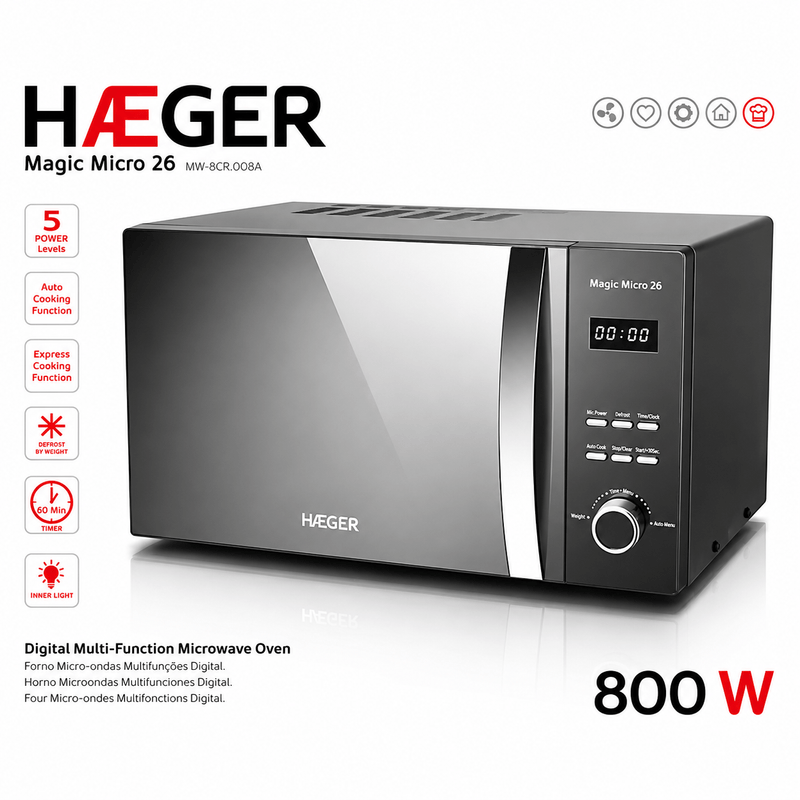 Electronice si Electrocasnice - Aragazuri, cuptoare si hote - Cuptoare - Cuptoare cu microunde - Cuptor cu microunde HAEGER MAGIC MICRO 26, Capacitate 26L, Putere 800W, 5 niveluri putere si dezghetare, Gatire - Infinity.ro