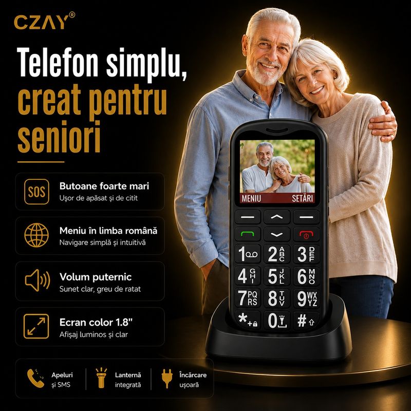 Laptop, Telefoane si Tablete - Telefoane mobile si accesorii - Telefoane Mobile - Telefon Mobil pentru Seniori CZAY®, Meniu Romana si Maghiara, Butoane Mari, Autonomie 7 Zile, Volum Mare, Buton SOS, 2G - Infinity.ro
