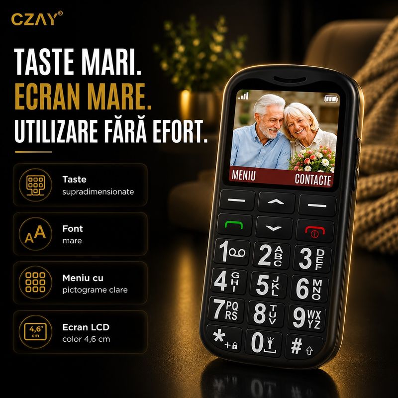 Laptop, Telefoane si Tablete - Telefoane mobile si accesorii - Telefoane Mobile - Telefon Mobil pentru Seniori CZAY®, Meniu Romana si Maghiara, Butoane Mari, Autonomie 7 Zile, Volum Mare, Buton SOS, 2G - Infinity.ro