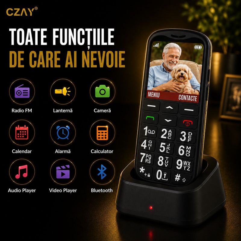 Laptop, Telefoane si Tablete - Telefoane mobile si accesorii - Telefoane Mobile - Telefon Mobil pentru Seniori CZAY®, Meniu Romana si Maghiara, Butoane Mari, Autonomie 7 Zile, Volum Mare, Buton SOS, 2G - Infinity.ro