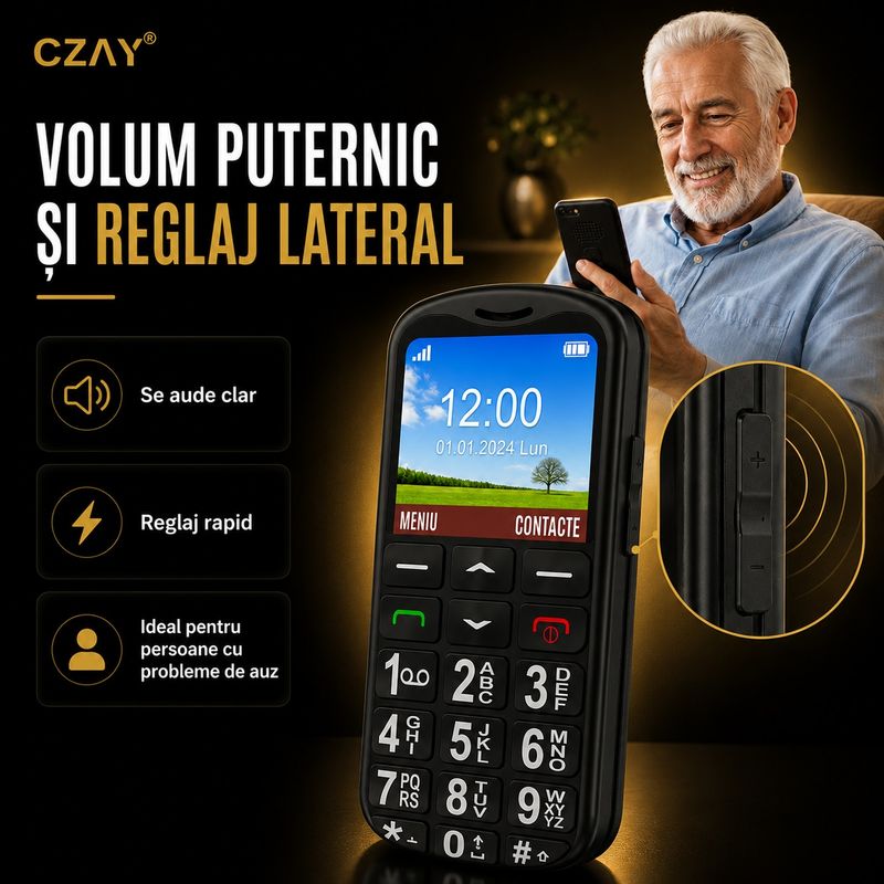 Laptop, Telefoane si Tablete - Telefoane mobile si accesorii - Telefoane Mobile - Telefon Mobil pentru Seniori CZAY®, Meniu Romana si Maghiara, Butoane Mari, Autonomie 7 Zile, Volum Mare, Buton SOS, 2G - Infinity.ro