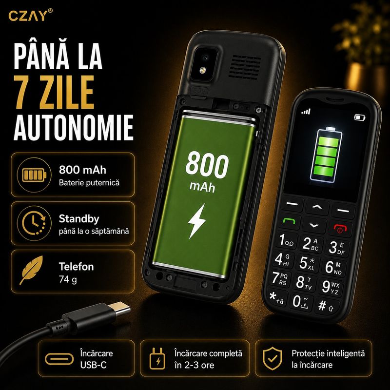 Laptop, Telefoane si Tablete - Telefoane mobile si accesorii - Telefoane Mobile - Telefon Mobil pentru Seniori CZAY®, Meniu Romana si Maghiara, Butoane Mari, Autonomie 7 Zile, Volum Mare, Buton SOS, 2G - Infinity.ro