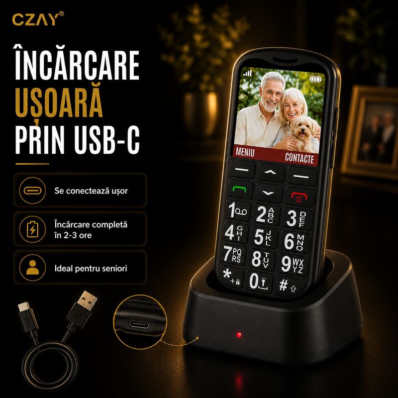 Laptop, Telefoane si Tablete - Telefoane mobile si accesorii - Telefoane Mobile - Telefon Mobil pentru Seniori CZAY®, Meniu Romana si Maghiara, Butoane Mari, Autonomie 7 Zile, Volum Mare, Buton SOS, 2G - Infinity.ro