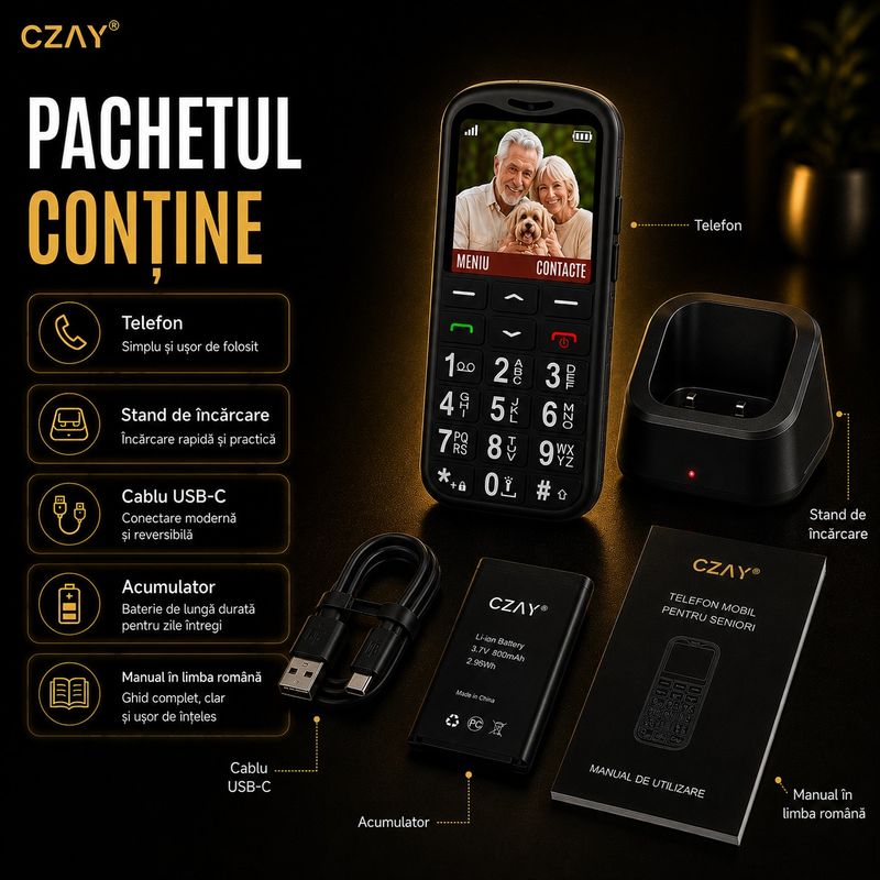 Laptop, Telefoane si Tablete - Telefoane mobile si accesorii - Telefoane Mobile - Telefon Mobil pentru Seniori CZAY®, Meniu Romana si Maghiara, Butoane Mari, Autonomie 7 Zile, Volum Mare, Buton SOS, 2G - Infinity.ro