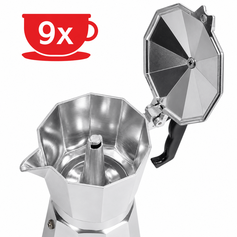 Electronice si Electrocasnice - Electrocasnice bucatarie - Preparare bauturi - Cafetiere - Cafetiera Moka HAEGER MOKA POT 9, Capacitate 9 cesti, Corp din aluminiu, Compatibila cu gaz/electric/vitroceramica - Infinity.ro