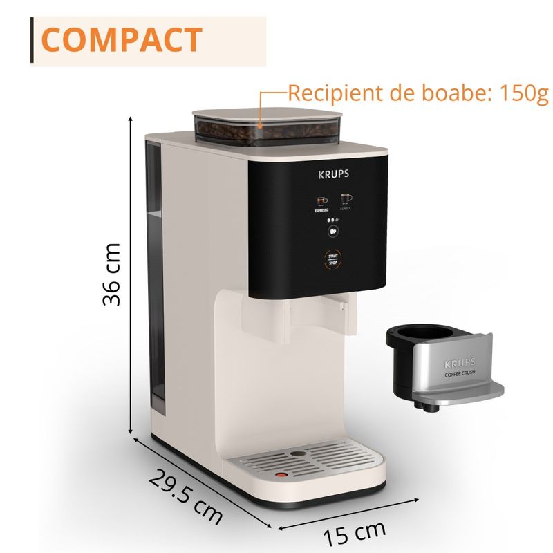Electronice si Electrocasnice - Electrocasnice bucatarie - Preparare bauturi - Espressoare - Espressor semi-automat Krups Coffee Crush SA4001E0, 1370 W, 15 bari, sistem bean-to-cup, rasnita inox, preparare - Infinity.ro