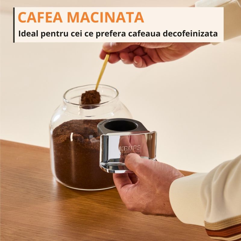 Electronice si Electrocasnice - Electrocasnice bucatarie - Preparare bauturi - Espressoare - Espressor semi-automat Krups Coffee Crush SA4001E0, 1370 W, 15 bari, sistem bean-to-cup, rasnita inox, preparare - Infinity.ro
