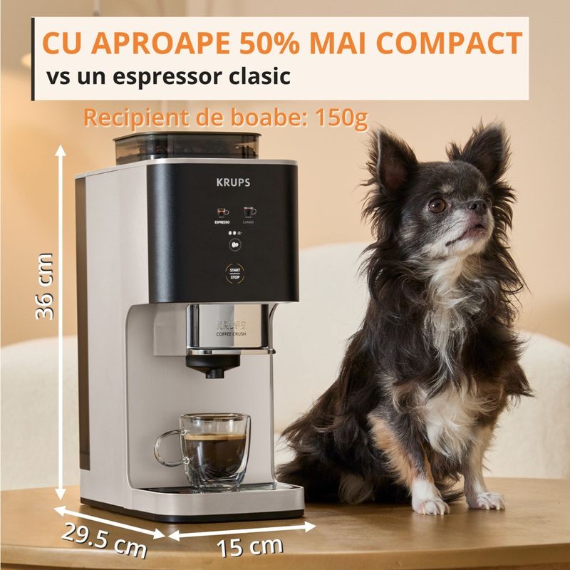 Electronice si Electrocasnice - Electrocasnice bucatarie - Preparare bauturi - Espressoare - Espressor semi-automat Krups Coffee Crush SA4001E0, 1370 W, 15 bari, sistem bean-to-cup, rasnita inox, preparare - Infinity.ro