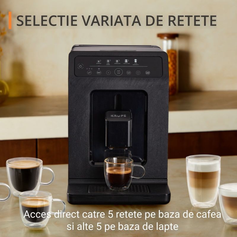 Electronice si Electrocasnice - Electrocasnice bucatarie - Preparare bauturi - Espressoare - Espressor automat Krups Evidence Eco Design EA8968E0, 1450W, 15 bari, 5 retete, 5 trepte rasnita, rezervor cafea 260g - Infinity.ro