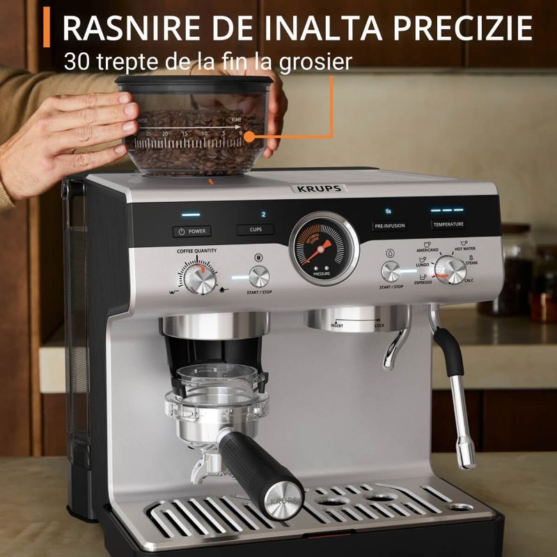 Electronice si Electrocasnice - Electrocasnice bucatarie - Preparare bauturi - Espressoare - Espressor manual cu rasnita Krups Precision XP801T10, 15 bari, rezervor apa 3.5 L, 30 trepte de rasnire, 3 trepte - Infinity.ro