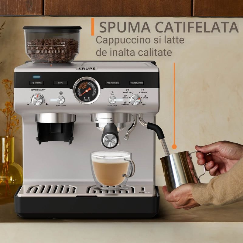 Electronice si Electrocasnice - Electrocasnice bucatarie - Preparare bauturi - Espressoare - Espressor manual cu rasnita Krups Precision XP801T10, 15 bari, rezervor apa 3.5 L, 30 trepte de rasnire, 3 trepte - Infinity.ro