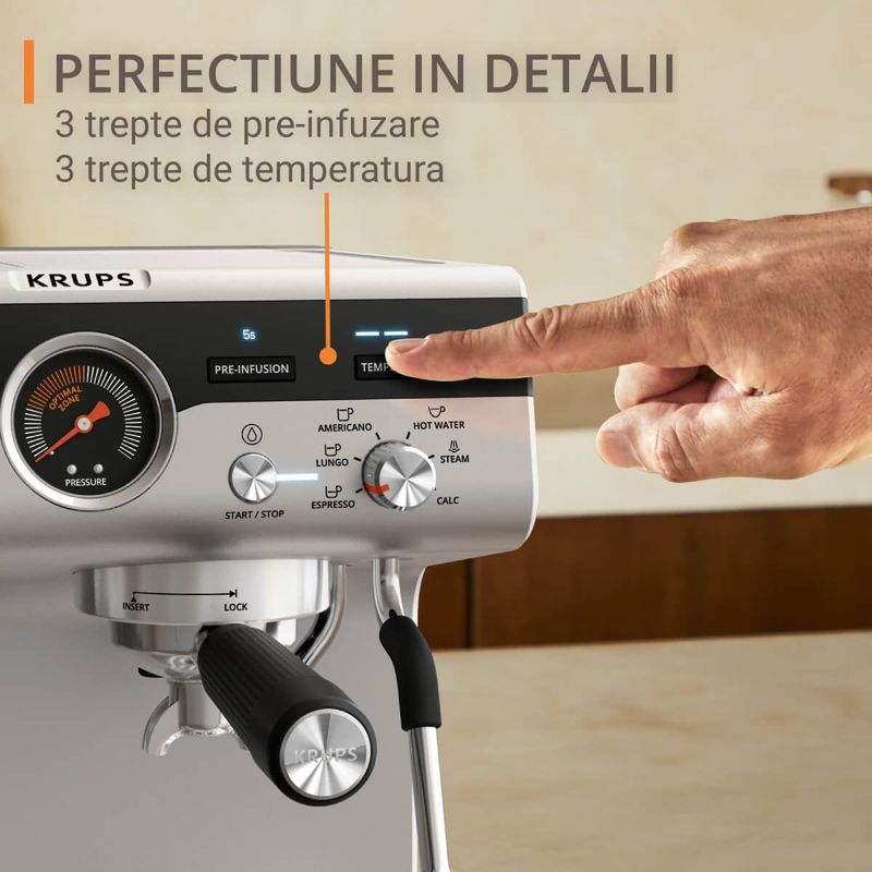 Electronice si Electrocasnice - Electrocasnice bucatarie - Preparare bauturi - Espressoare - Espressor manual cu rasnita Krups Precision XP801T10, 15 bari, rezervor apa 3.5 L, 30 trepte de rasnire, 3 trepte - Infinity.ro