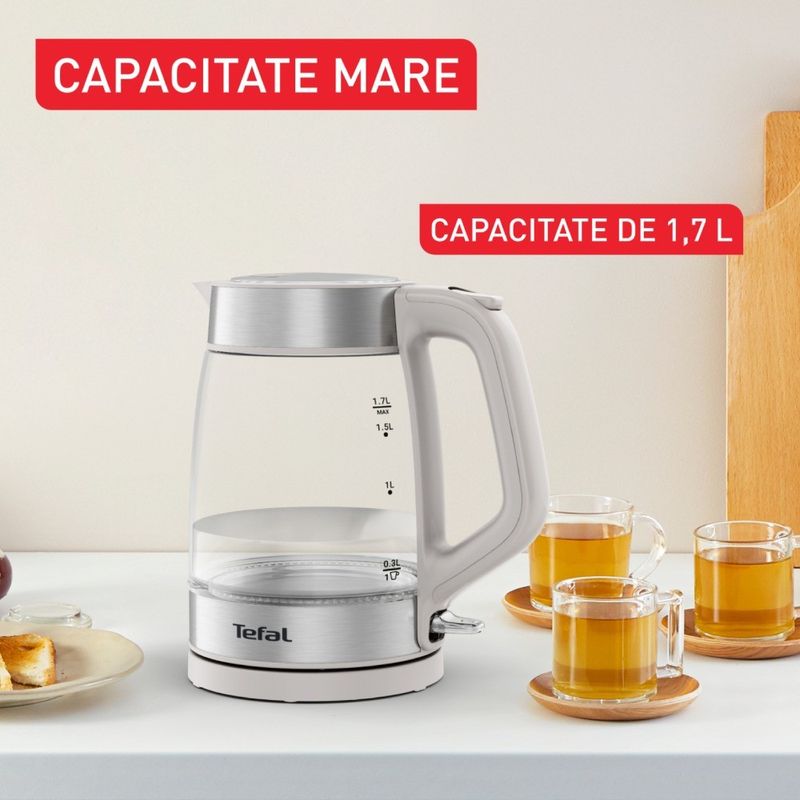 Electronice si Electrocasnice - Electrocasnice bucatarie - Preparare bauturi - Fierbatoare de apa - Fierbator apa Tefal KI605B30, 2200W, 1.7L, vas din sticla cu gradatii, iluminare ambientala, filtru detasabil, functie - Infinity.ro