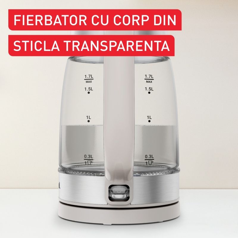 Electronice si Electrocasnice - Electrocasnice bucatarie - Preparare bauturi - Fierbatoare de apa - Fierbator apa Tefal KI605B30, 2200W, 1.7L, vas din sticla cu gradatii, iluminare ambientala, filtru detasabil, functie - Infinity.ro