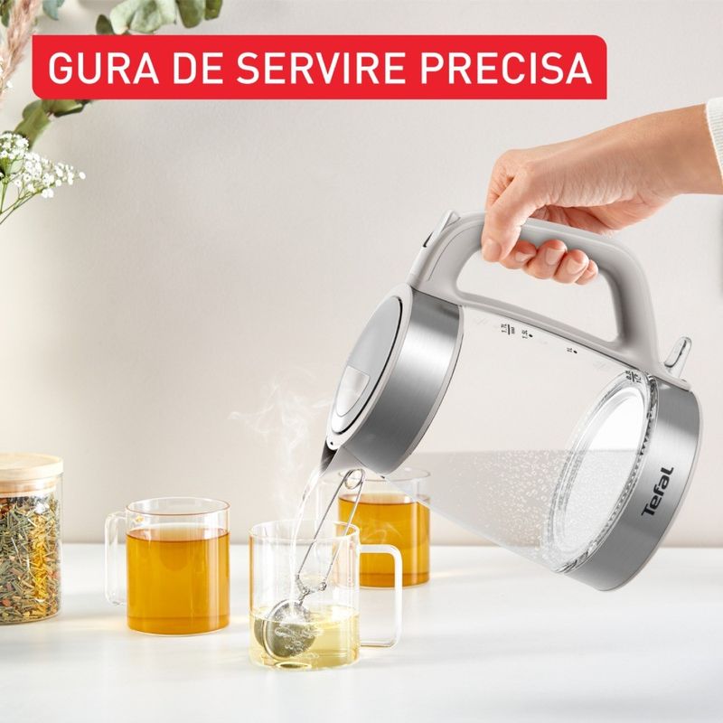 Electronice si Electrocasnice - Electrocasnice bucatarie - Preparare bauturi - Fierbatoare de apa - Fierbator apa Tefal KI605B30, 2200W, 1.7L, vas din sticla cu gradatii, iluminare ambientala, filtru detasabil, functie - Infinity.ro