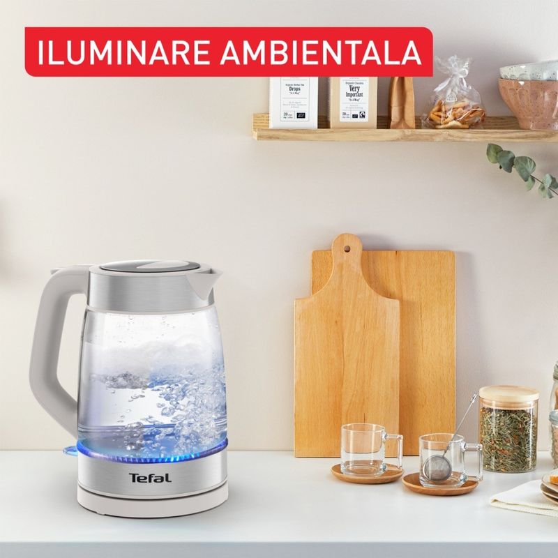 Electronice si Electrocasnice - Electrocasnice bucatarie - Preparare bauturi - Fierbatoare de apa - Fierbator apa Tefal KI605B30, 2200W, 1.7L, vas din sticla cu gradatii, iluminare ambientala, filtru detasabil, functie - Infinity.ro