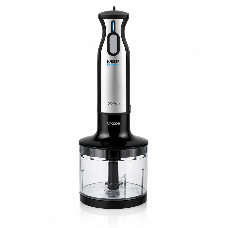 Electronice si Electrocasnice - Electrocasnice bucatarie - Mixere, tocatoare & roboti de bucatarie - Blendere si mini tocatoare - Blender vertical cu tocator HAEGER EXTREME CHOPPER, Set tocator inclus (lama titan 54mm), Putere 1000W, Functie Turbo - Infinity.ro