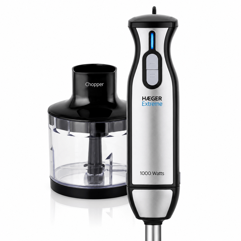 Electronice si Electrocasnice - Electrocasnice bucatarie - Mixere, tocatoare & roboti de bucatarie - Blendere si mini tocatoare - Blender vertical cu tocator HAEGER EXTREME CHOPPER, Set tocator inclus (lama titan 54mm), Putere 1000W, Functie Turbo - Infinity.ro