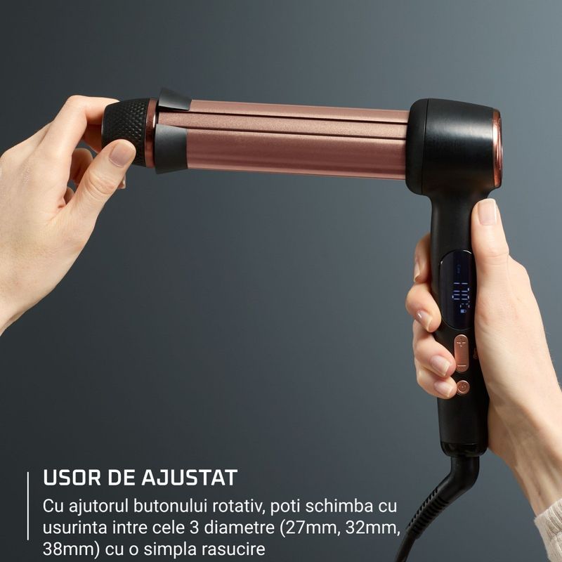 Ingrijire personala si Cosmetice - Aparate & accesorii ingrijire personala - Hair styling - Ondulatoare - Ondulator de par Rowenta Twist Curl CF4620E0, ajustabil pe 3 diametre, temperatura ajustabila, invelis ceramic, 75 W - Infinity.ro