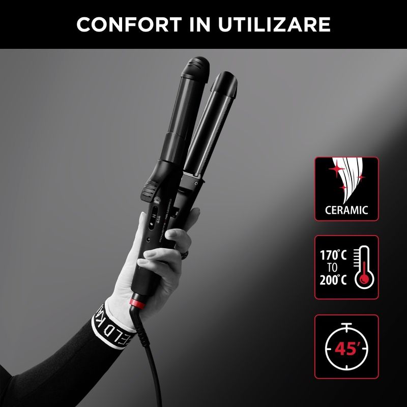 Ingrijire personala si Cosmetice - Aparate & accesorii ingrijire personala - Hair styling - Placi de indreptat parul - Aparat de coafat multifunctional 3 in 1 Rowenta x Karl Lagerfeld Fashion Stylist CF451LF0, 66 W, temperatura reglabila - Infinity.ro