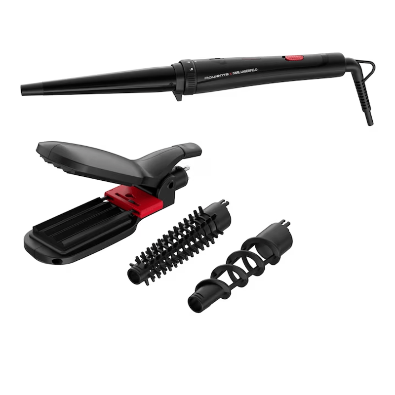Ingrijire personala si Cosmetice - Aparate & accesorii ingrijire personala - Hair styling - Placi de indreptat parul - Aparat de coafat 9 in 1 ROWENTA x Karl Lagerfeld Infinite Looks CF422LF0, 9 accesorii, invelis ceramic, 48 W, varf - Infinity.ro