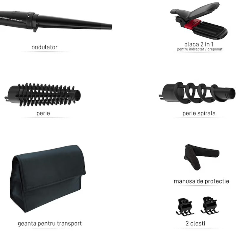 Ingrijire personala si Cosmetice - Aparate & accesorii ingrijire personala - Hair styling - Placi de indreptat parul - Aparat de coafat 9 in 1 ROWENTA x Karl Lagerfeld Infinite Looks CF422LF0, 9 accesorii, invelis ceramic, 48 W, varf - Infinity.ro