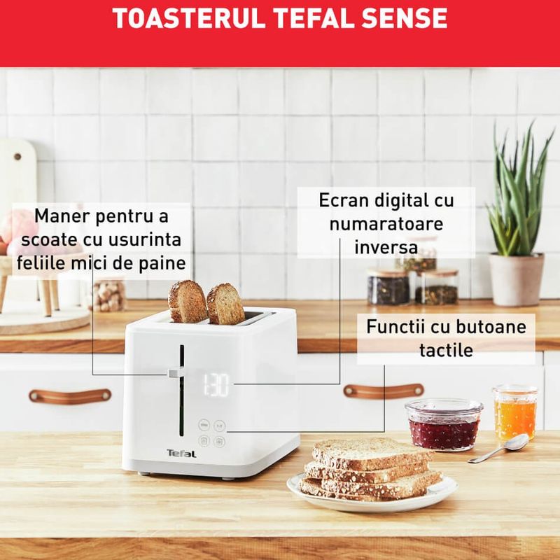 Electronice si Electrocasnice - Electrocasnice bucatarie - Preparare paine - Prajitoare de paine - Prajitor de paine Tefal Sense TT693110, 850W, 4 functii dedicate, 7 trepte de rumenire, fante cu latime variabila, tava - Infinity.ro
