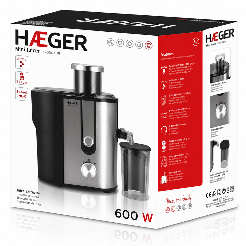 Electronice si Electrocasnice - Electrocasnice bucatarie - Preparare bauturi - Storcatoare de fructe - Storcator de fructe si legume HAEGER MINI JUICER, Rezervor pulpa 1.3L, Rezervor suc 450 ml, 2 trepte de viteza, Putere - Infinity.ro