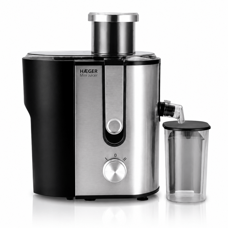 Electronice si Electrocasnice - Electrocasnice bucatarie - Preparare bauturi - Storcatoare de fructe - Storcator de fructe si legume HAEGER MINI JUICER, Rezervor pulpa 1.3L, Rezervor suc 450 ml, 2 trepte de viteza, Putere - Infinity.ro