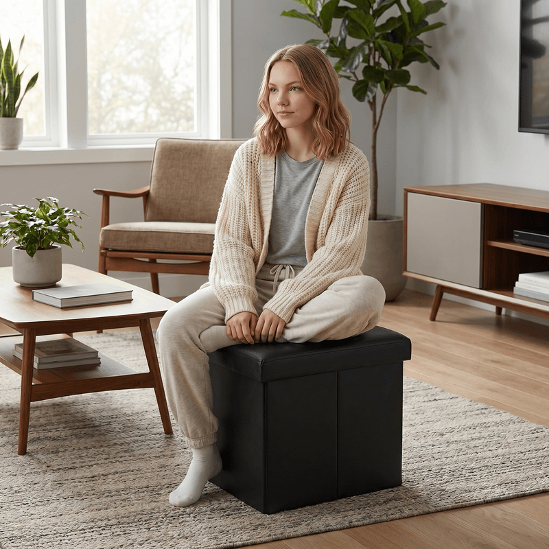 Casa si Gradina - Mobilier - Scaune si fotolii - Tabureti - Taburet pliabil, piele eco neagra, TELA NEW - Infinity.ro