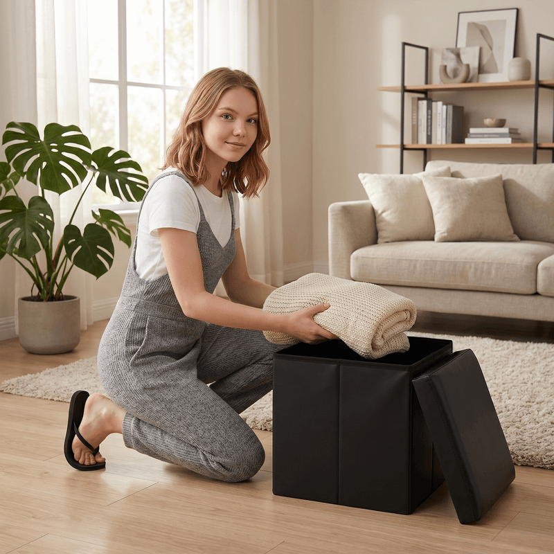 Casa si Gradina - Mobilier - Scaune si fotolii - Tabureti - Taburet pliabil, piele eco neagra, TELA NEW - Infinity.ro