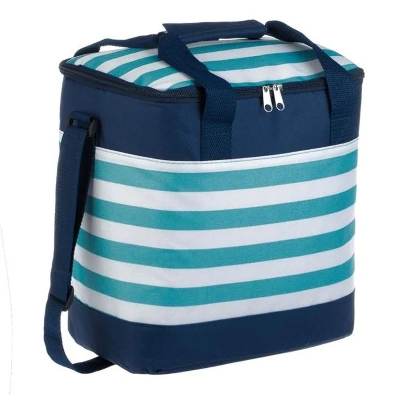 Sport si Outdoor - Camping - Bucatarie de camping - Cutii si genti frigorifice - Geanta Izoterma pentru alimente, Capacitate 15L, Dimensiune 28x18x30cm, Bleu Turcoaz cu Dungi - Infinity.ro