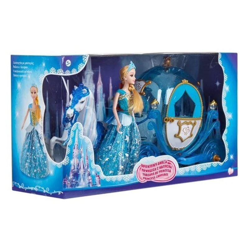Jucarii, Copii si Bebe - Jucarii si jocuri - Papusi si accesorii - Papusi - Papusa printesa cu caruta si cal, varsta 3+ ani, 60x20x33cm, albastru - Infinity.ro