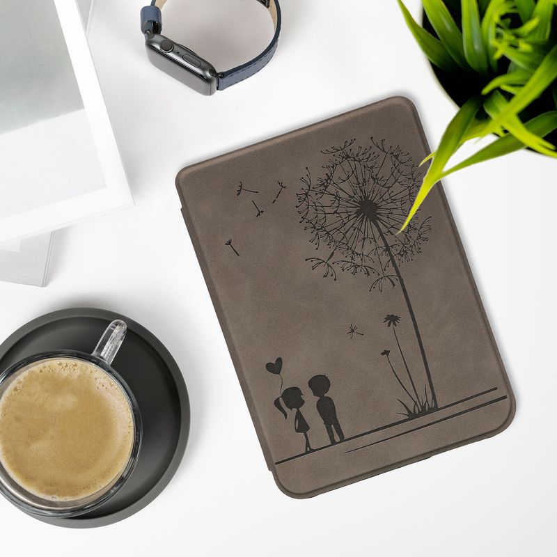 Laptop, Telefoane si Tablete - Ebook reader si accesorii - Accesorii eBook Reader - Husa eBook Reader Kwmobile pentru Kobo Clara BW, Clara Colour, magnetica, design cu papadie, piele ecologica, gri - Infinity.ro