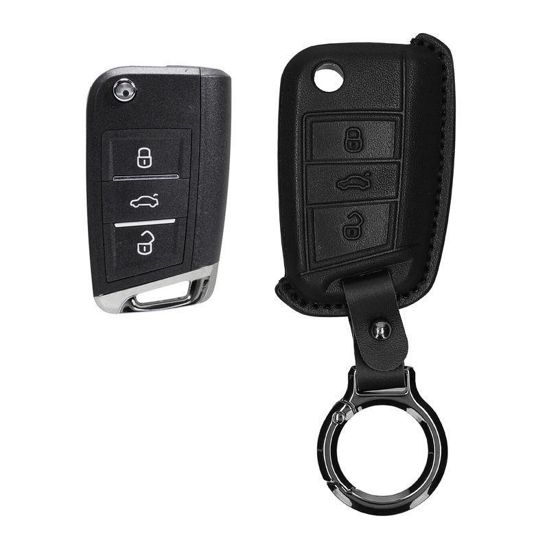 Auto si Moto - Electronice auto - Accesorii electronice auto - Husa cheie auto Kwmobile pentru VW, SEAT Golf 7, Mk7, Polo, Jetta 4, prindere cu inel, piele naturala, negru - Infinity.ro