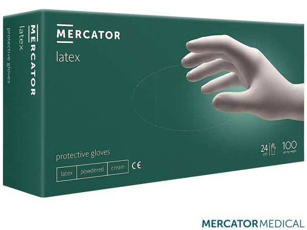 Set 100 bucati manusi de protectie, de unica folosinta Mercator, Latex, Alb M