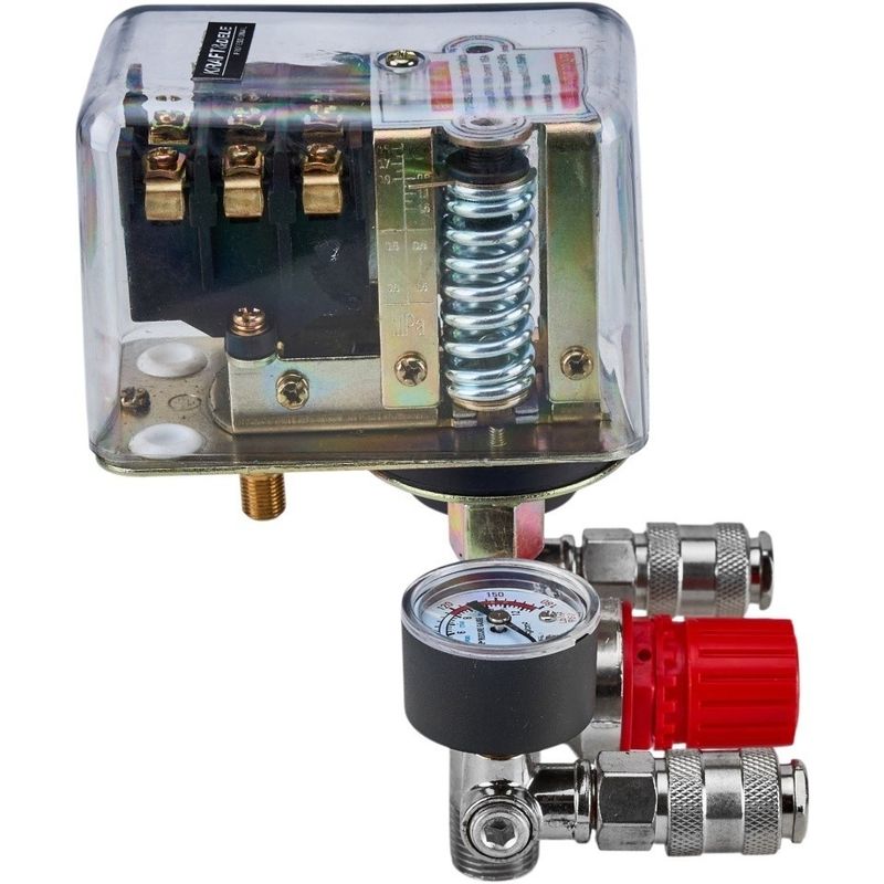 Casa si Gradina - Electrice - Echipamente electrice - Compresoare - Presostat trifazat pentru compresor KraftDele KD2169 cu tripla conexiune, 2 manometre si 2 cuple rapide - Infinity.ro