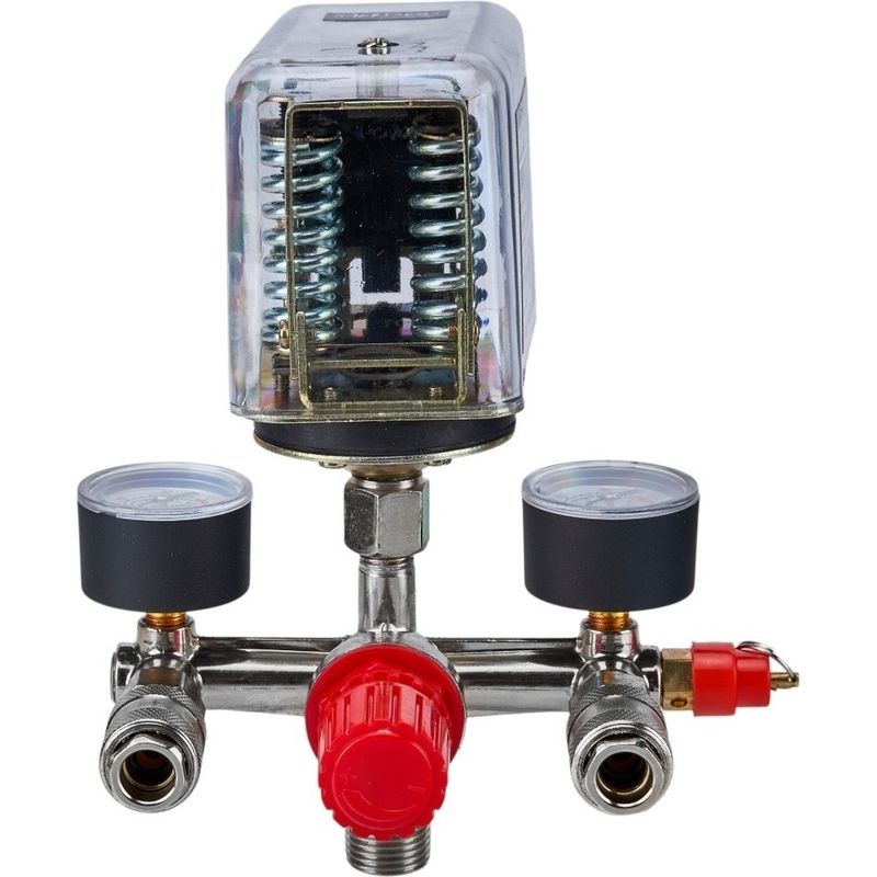 Casa si Gradina - Electrice - Echipamente electrice - Compresoare - Presostat trifazat pentru compresor KraftDele KD2169 cu tripla conexiune, 2 manometre si 2 cuple rapide - Infinity.ro