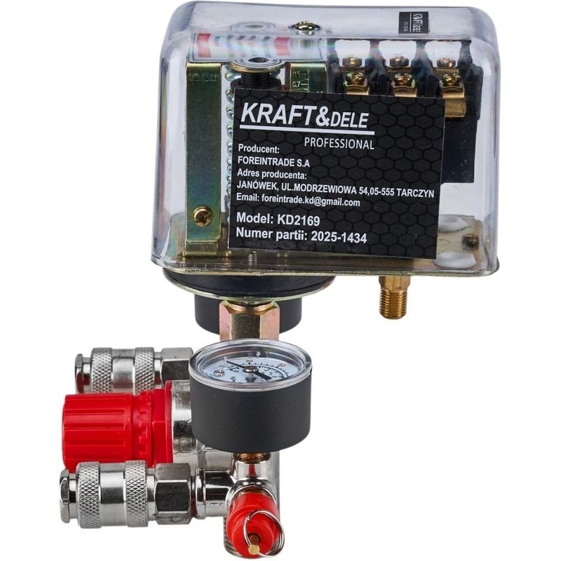 Casa si Gradina - Electrice - Echipamente electrice - Compresoare - Presostat trifazat pentru compresor KraftDele KD2169 cu tripla conexiune, 2 manometre si 2 cuple rapide - Infinity.ro