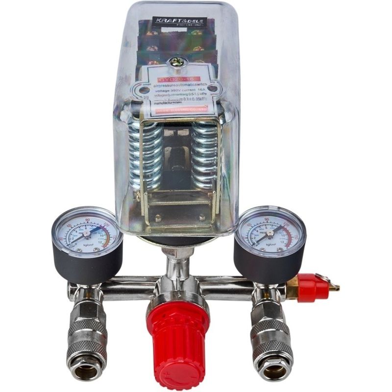 Casa si Gradina - Electrice - Echipamente electrice - Compresoare - Presostat trifazat pentru compresor KraftDele KD2169 cu tripla conexiune, 2 manometre si 2 cuple rapide - Infinity.ro