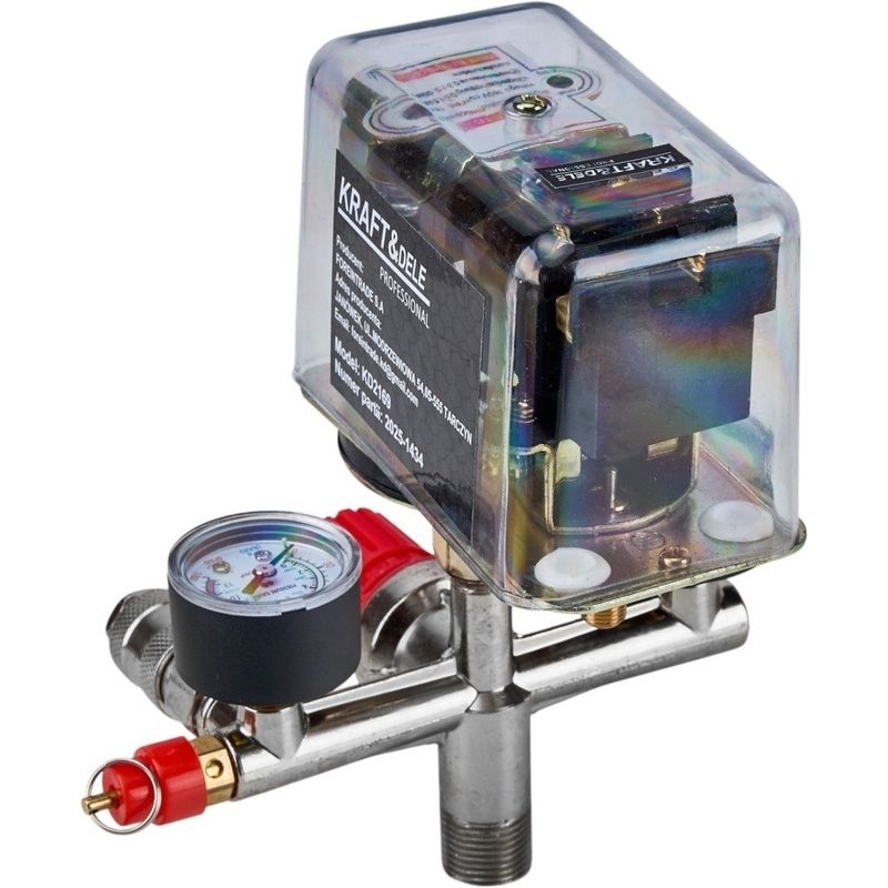 Casa si Gradina - Electrice - Echipamente electrice - Compresoare - Presostat trifazat pentru compresor KraftDele KD2169 cu tripla conexiune, 2 manometre si 2 cuple rapide - Infinity.ro