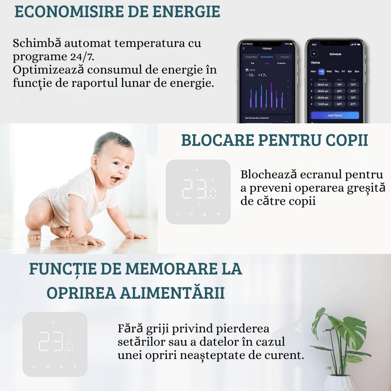 Casa si Gradina - Termice - Centrale termice si accesorii - Accesorii incalzire - BIRAI MirrorTherm Smart Thermostat Wireless, WiFi, Tuya, Alexa, Google, Receiver, Heating/Cooling, White - Infinity.ro