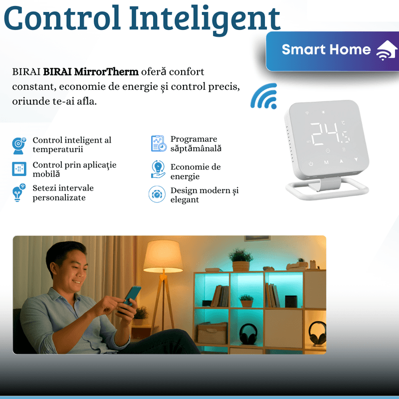 Casa si Gradina - Termice - Centrale termice si accesorii - Accesorii incalzire - BIRAI MirrorTherm Smart Thermostat Wireless, WiFi, Tuya, Alexa, Google, Receiver, Heating/Cooling, White - Infinity.ro